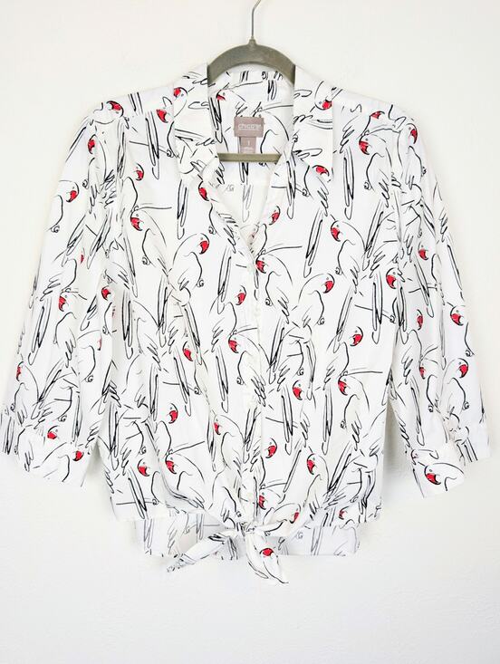 Chico's Tops - Chicos Top Amazon Parrots Print Tie Front Popover Alabaster Novelty White Size M